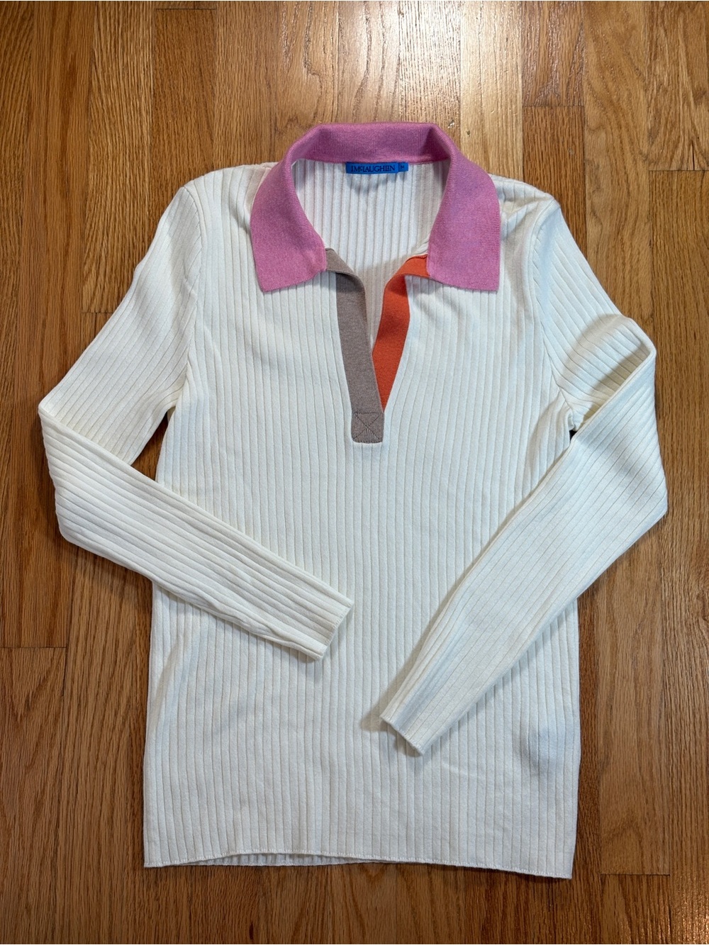 J McLaughlin Lightweight Ribbed Knit Collared VNeck Top with Contrast Colors - M